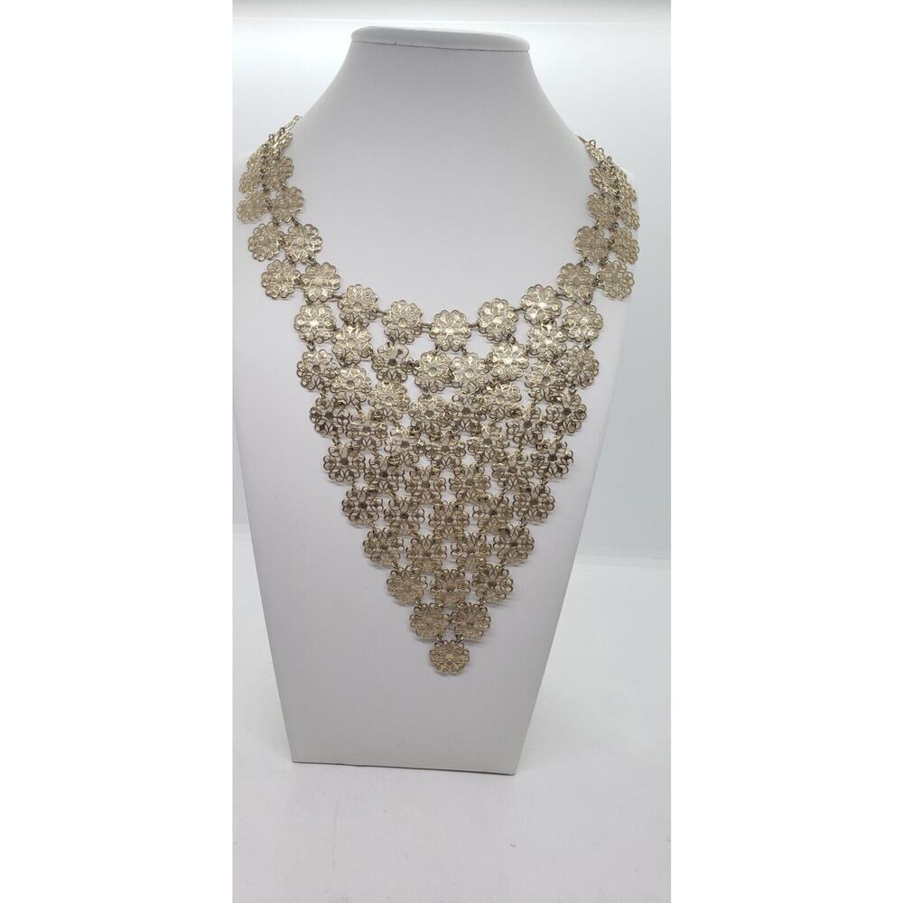Vintage Coro Lacy Snowflake Gold Tone Bib Necklace Signed Hippie Boho Wedding